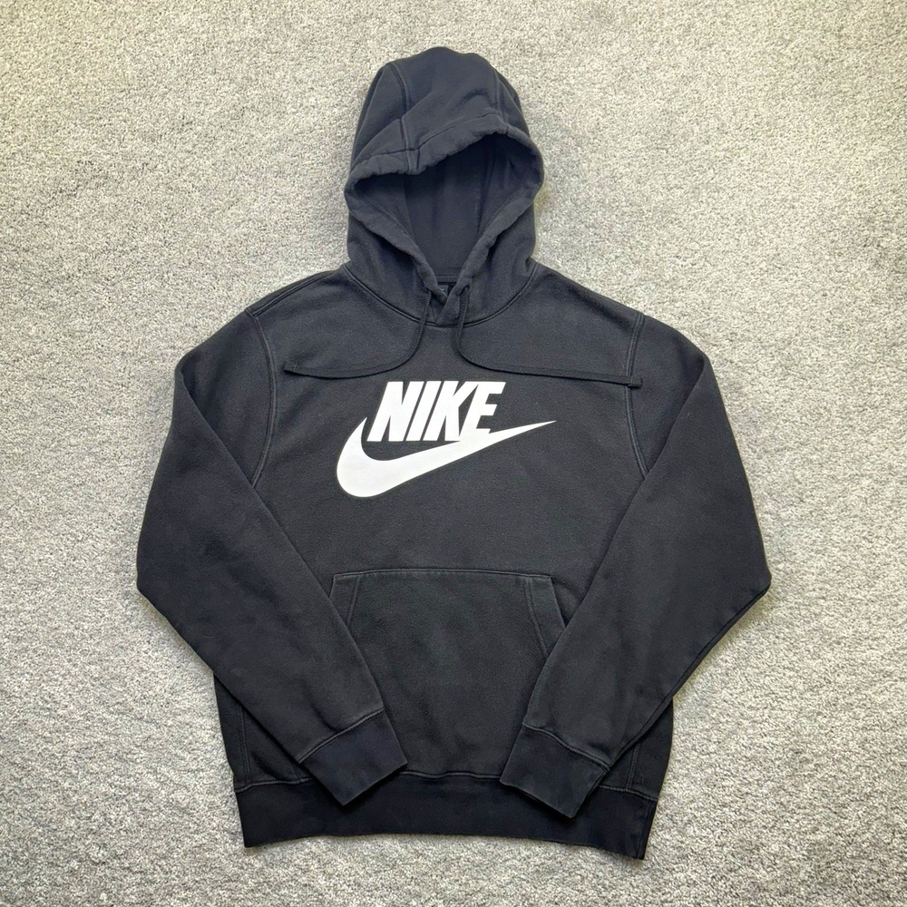 Nike Club Fleece Hoodie Men's Small Black White Swoosh Pullover Sweatshirt